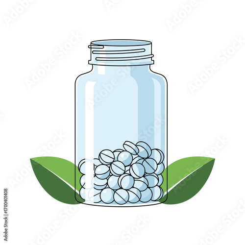 Natural health supplement pills in glass bottle with green leaves