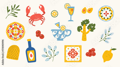 Collection of colorful flat design elements with a mediterranean or coastal theme