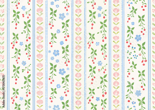 Charming floral and berry pattern with blue stripes on white background