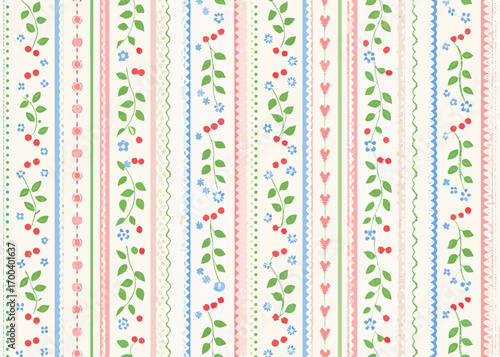 Charming vertical stripes with floral and cherry motifs in pastel colors