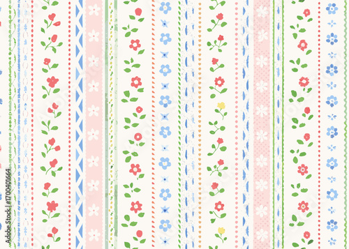 Charming vintage floral stripe pattern with red blue and yellow flowers