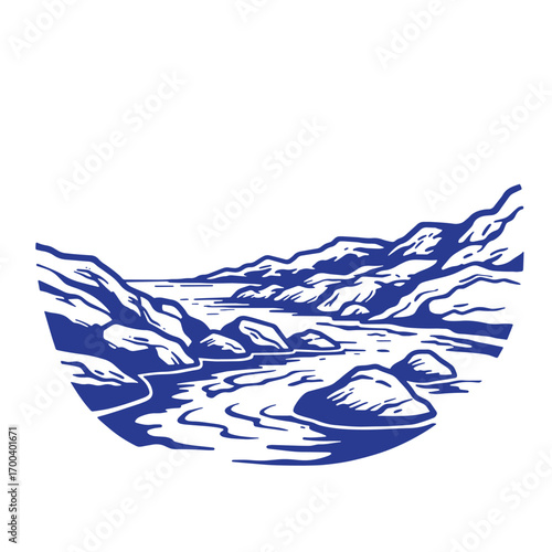 Blue and white artistic illustration of a scenic river valley landscape with mountains