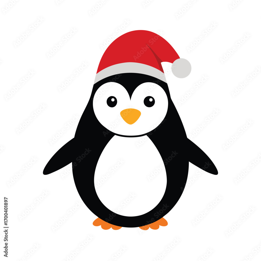 Naklejka premium Cute Penguin Wearing Santa Hat On White Background Keywords: penguin, santa hat, christmas