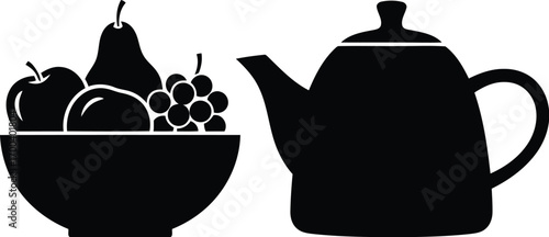 Silhouette of a fruit bowl and teapot kitchen still life element transparent background