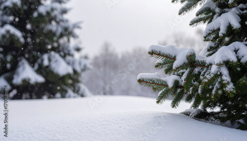 Closeup snow pine branch view. Frosted branch winter nature. Snowy tree detail background. White forest branch in focus. Winter nature minimal closeup. Snow covered fir branch detail
