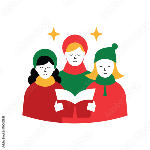 Three Carolers Singing from a Book with Stars caroling
