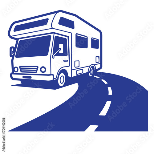 Blue and white illustrated rv motorhome traveling along winding road against white background