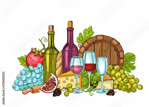 Wine and cheese still life with grapes and barrel illustration