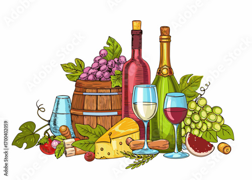 Hand drawn wine and cheese still life with grapes and barrel