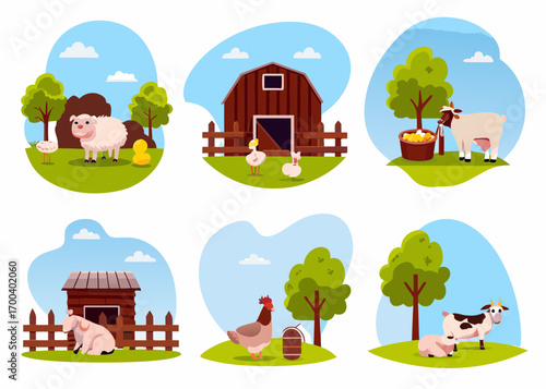 Collection of cute farm animals and buildings in a cartoon style