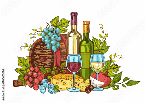 Wine tasting still life with grapes cheese and barrel