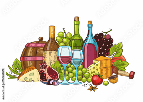 Still life arrangement of wine bottles grapes cheese and fruits