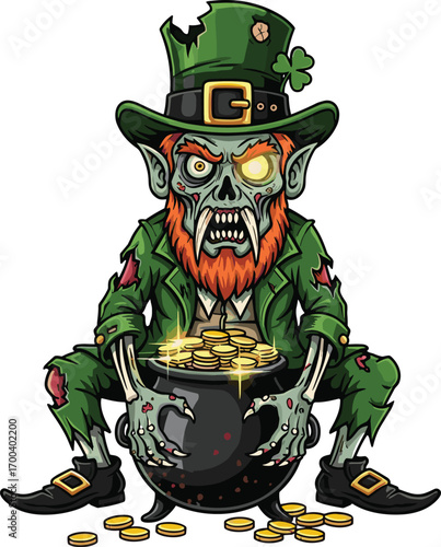 Scary zombie leprechaun holding pot of gold coins, glowing eye, tattered green outfit, Halloween monster, undead Irish folklore, spooky treasure, creepy character