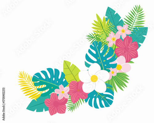 Tropical floral arrangement with monstera leaves and plumeria flowers