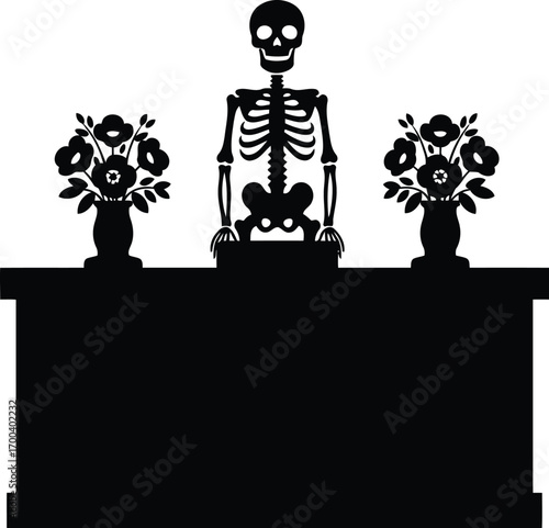 Skeleton standing behind table with flower vases for spooky themed decorations and designs transparent background