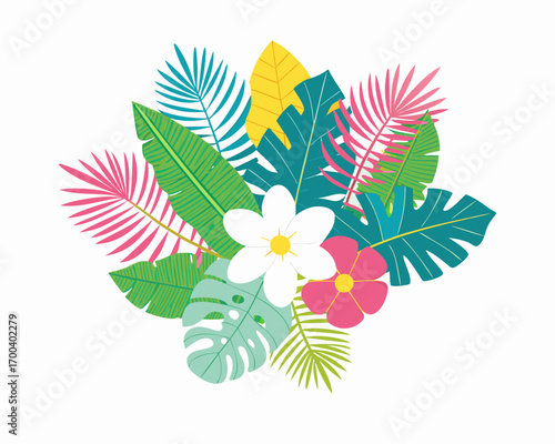 Colorful tropical leaves and flowers arrangement on white background