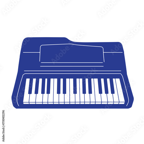 Blue and white flat design illustration of an electronic keyboard instrument