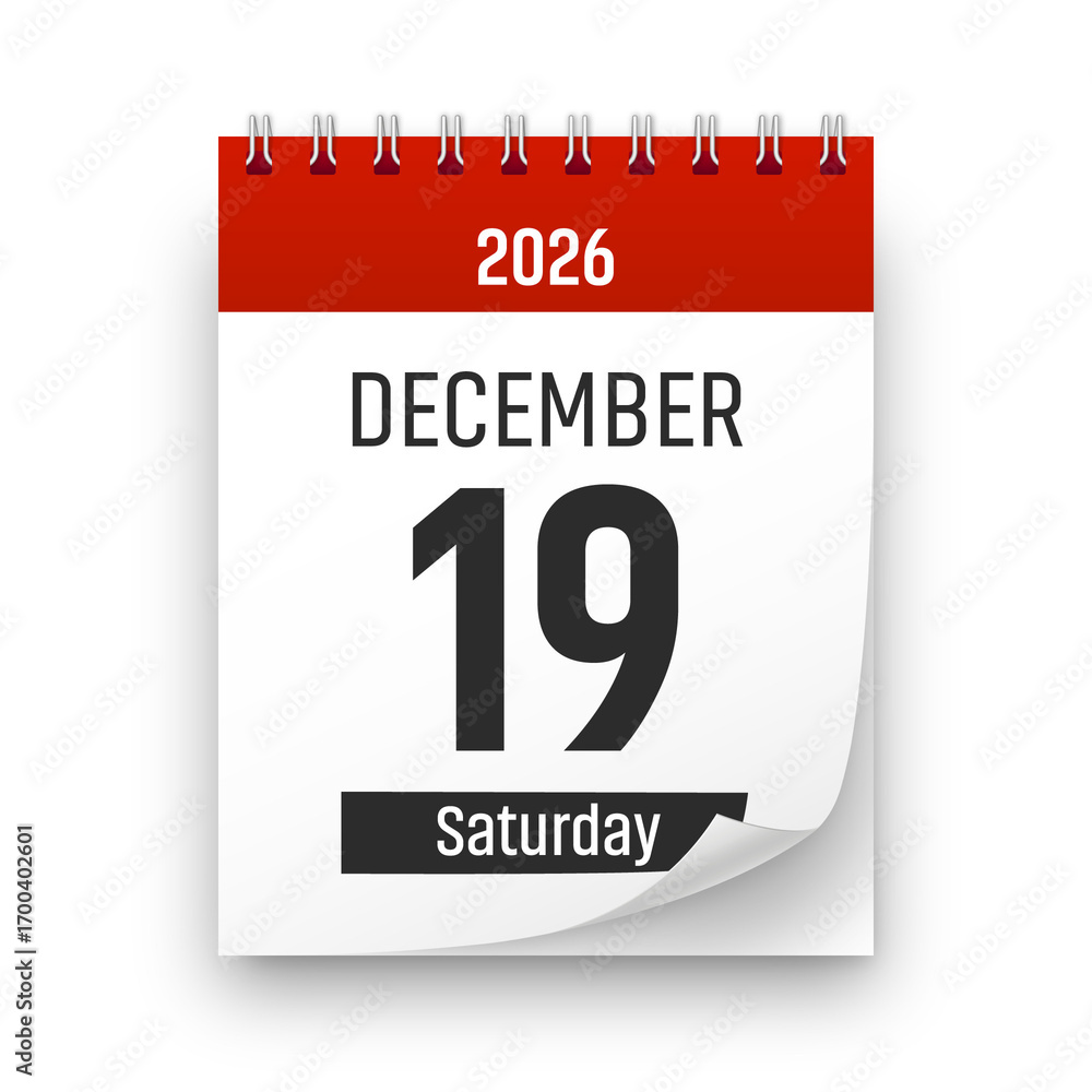 Fototapeta premium Date 19 December 2026 year realistic calendar day page design. December 19 transparent png