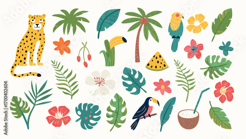 Tropical jungle elements with cheetah toucan parrot palm trees and flowers