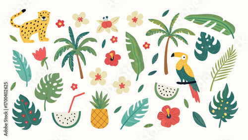 Tropical jungle elements with leopard toucan pineapple and palm trees
