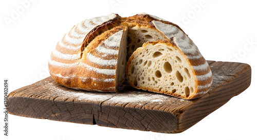 A loaf of freshly baked sourdough bread with a slice cut out, sitting on a rustic wooden board isolated on transparent background