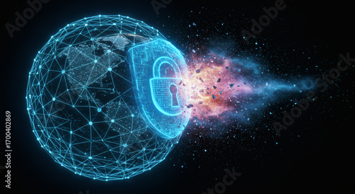 Cybersecurity shield with a padlock icon deflecting a digital attack on a global network, symbolizing data protection and internet firewall