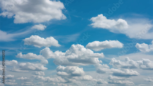 Vector art of fluffy white cumulus clouds scattered across a vibrant blue sky