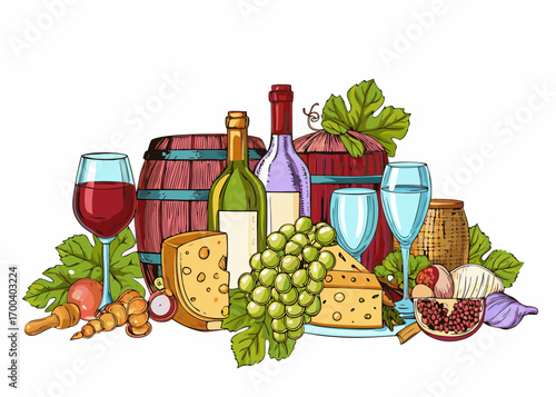Artistic illustration of wine cheese grapes and barrels with fruits