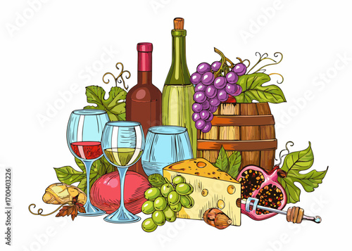 Artistic illustration of wine cheese grapes and other delicacies