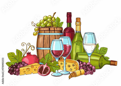 Wine tasting assortment with grapes cheese pomegranate and barrel illustration