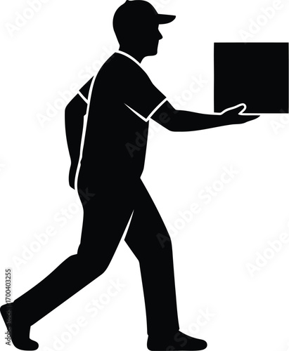 Silhouette of a delivery person holding a package and running forward swiftly transparent background
