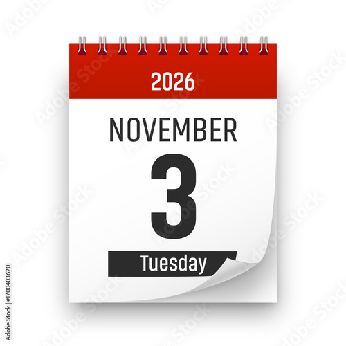 Date 3 November 2026 year realistic calendar day page design. November 3 transparent png