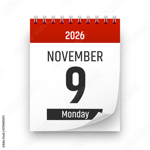 Date 9 November 2026 year realistic calendar day page design. November 9 transparent png