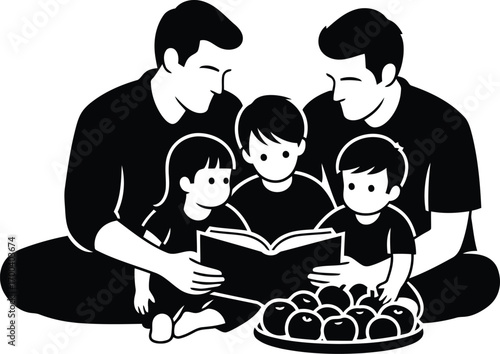 Two fathers reading storybook to children and sharing snacks a heartwarming family moment transparent background