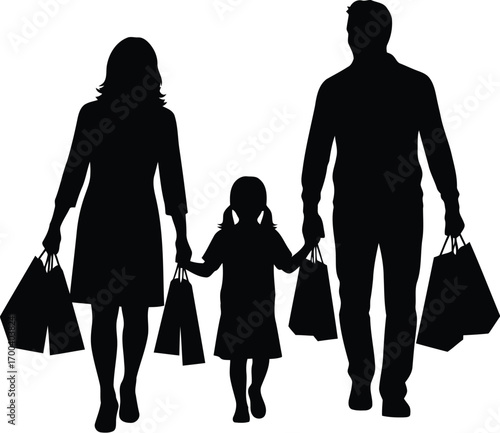 Family silhouette carrying shopping bags enjoying retail therapy together outdoor scenes transparent background