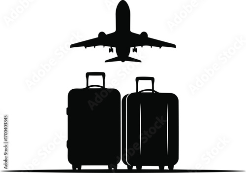 Airplane flying above two suitcases ready for travel and vacation transparent background
