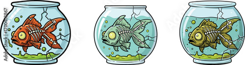 Zombie fish, cracked aquarium, undead skeleton goldfish, horror fish bowl, creepy pet, spooky cartoon fish, halloween illustration, undead aquatic monster design