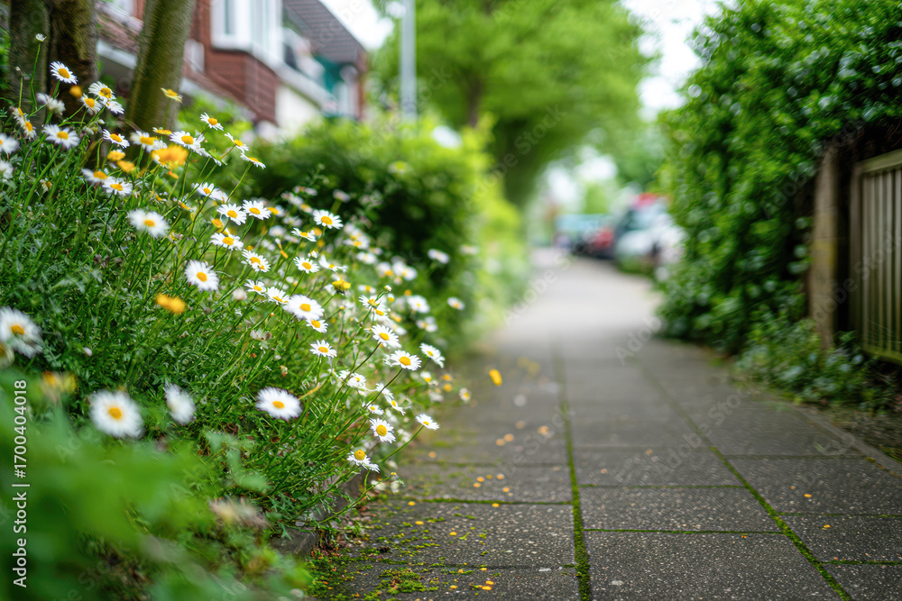 Obraz premium A vibrant, flower-lined walkway, with daisies blooming alongside a paved path, surrounded by lush greenery and residential buildings.