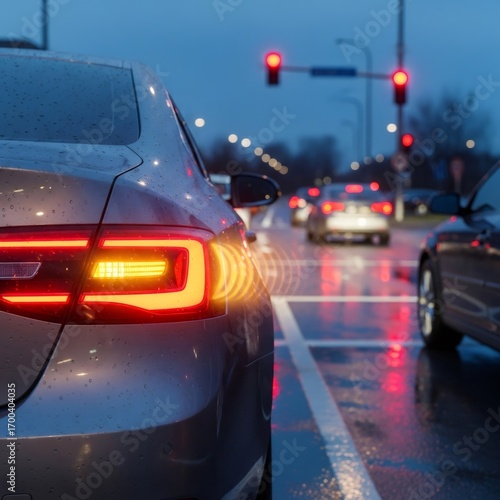Car with turn signal blinking on a wet street at dusk, indicating a lane change or turn. Traffic and road safety. Autonomy.