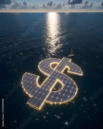 Futuristic Floating Solar Currency Symbol over Ocean Renewable Wealth Concept in 8K