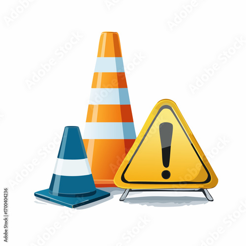 A vector illustration set of road safety equipment with orange and blue traffic cones and a yellow triangular warning sign for construction concepts, isolated on a white background