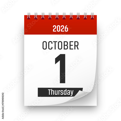 Date 1 October 2026 year realistic calendar day page design. October 1 transparent png