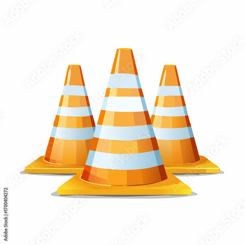 Detailed vector illustration of orange and white striped safety cones used for traffic management and construction site delineation on an isolated white background