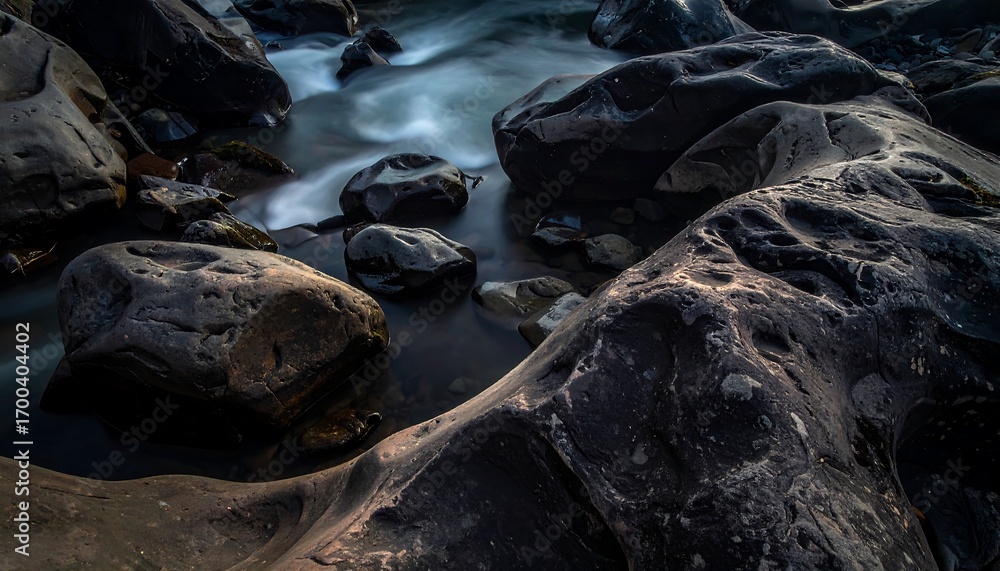 Fototapeta premium Close-up view of dark, textured rocks in a shallow stream, showcasing intricate patterns and the tranquil flow of water.