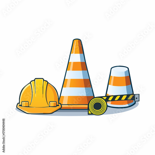 Road safety tools illustration A vector graphic of a hard hat, traffic cones, and measuring tape