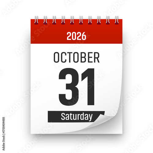 Date 31 October 2026 year realistic calendar day page design. October 31 transparent png