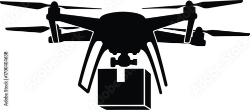 Silhouette of a modern drone delivering a package through aerial delivery services transparent background