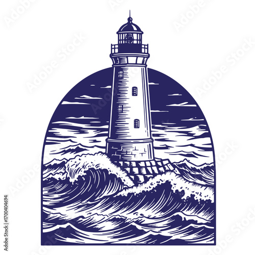 Classic lighthouse standing tall amidst turbulent ocean waves in a vintage nautical engraving