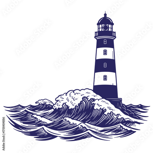 Coastal lighthouse on rocky outcrop amidst dramatic waves and choppy ocean seas