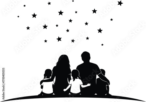 Family silhouette watching stars under a starry night sky artistic scene transparent background